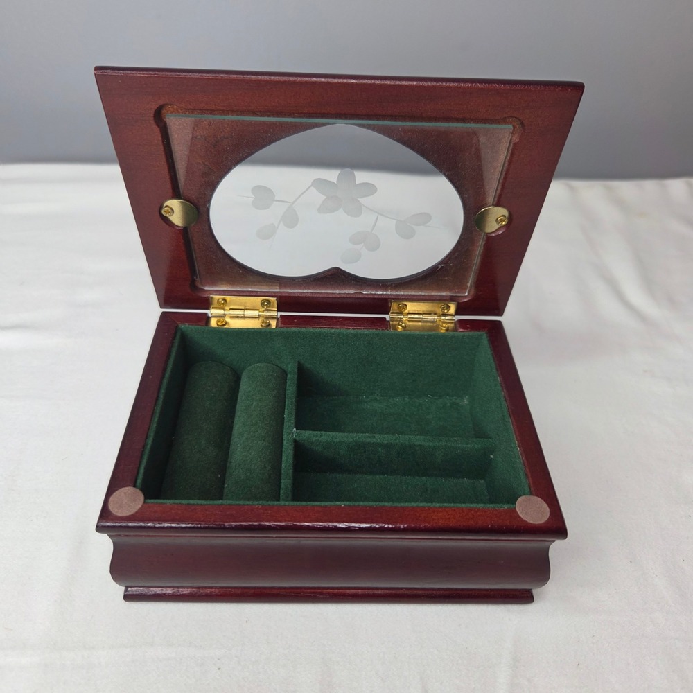 Walmart Cherry Wood Jewelry Box Heart Etched Glass Floral Green Velvet JFWJB614C